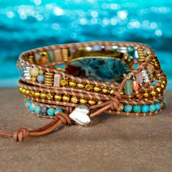 🆕️Boho-Chic 3-Layer Leather Wrap Bracelet | Chrysocolla Jasper 🌊 Natural Stone - Picture 8 of 12